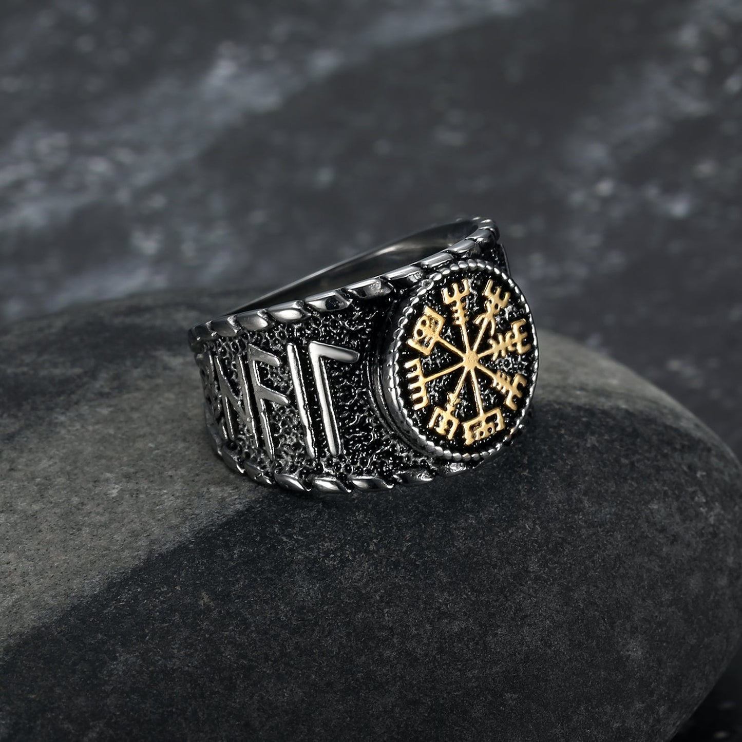 Handcrafted Stainless Steel Vegvisir and Runes Ring