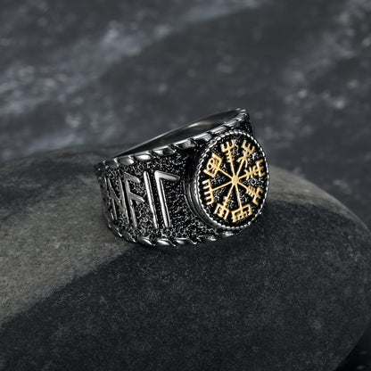 Handcrafted Stainless Steel Vegvisir and Runes Ring