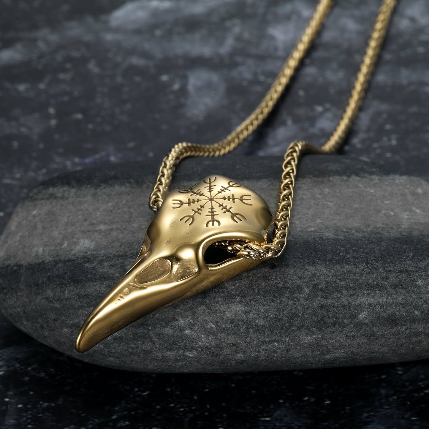 Dual Color Handcrafted Stainless Steel Raven Skull and Helm of Awe Pendant