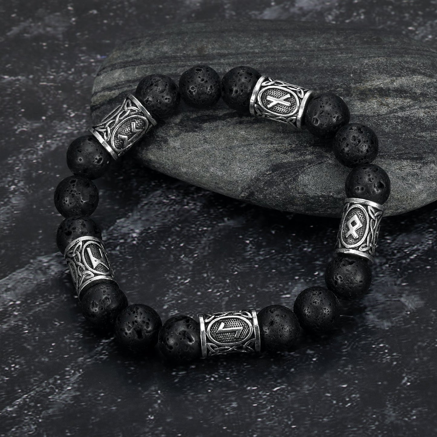 Silver Rune and Black Lava Stone Bracelet