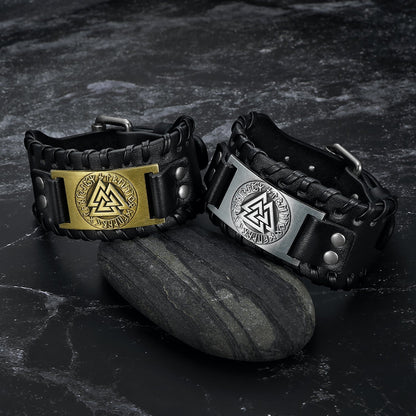 Leather Buckle Arm Cuff With Metal Valknut Design