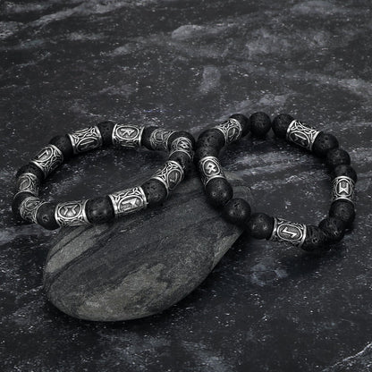 Silver Rune and Black Lava Stone Bracelet