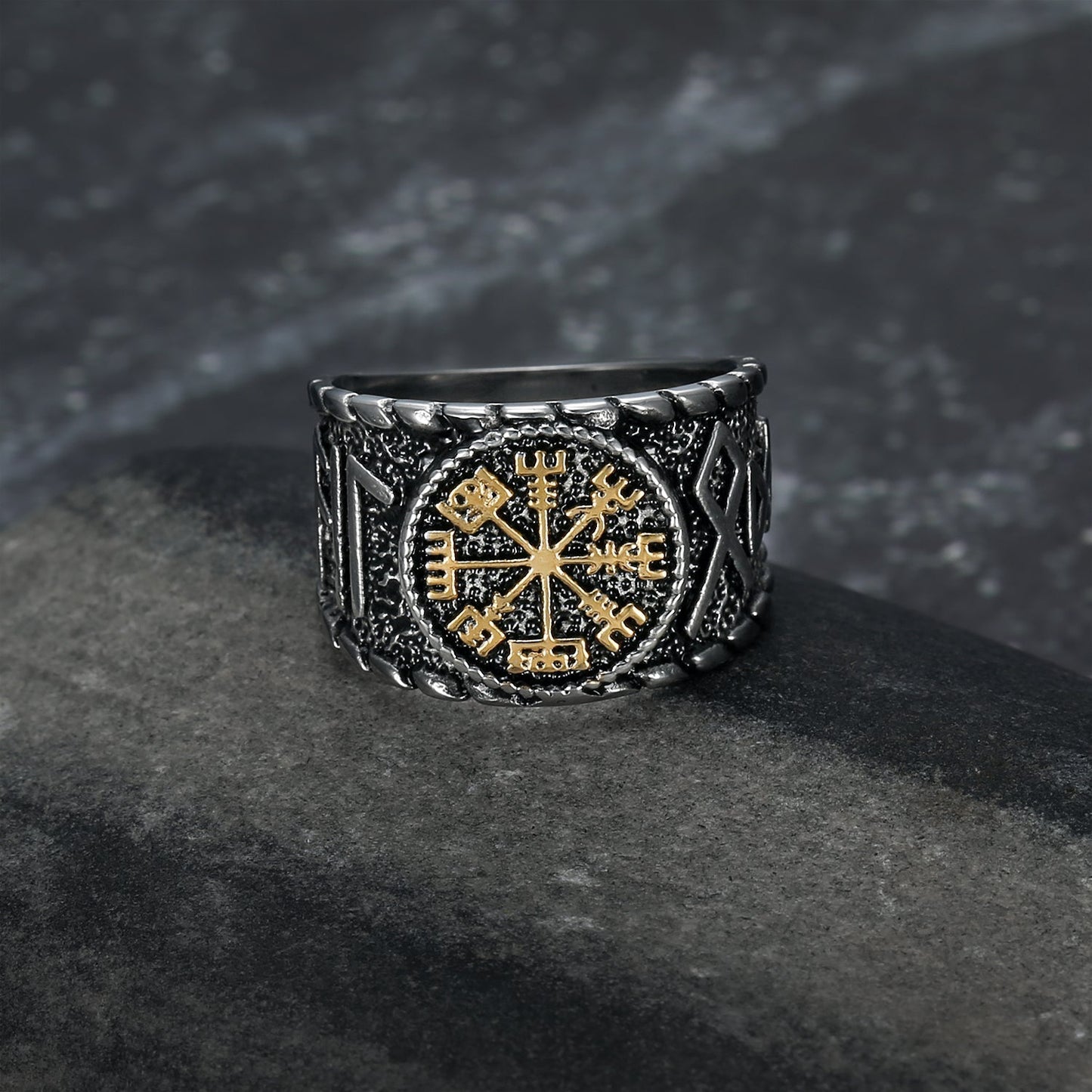 Handcrafted Stainless Steel Vegvisir and Runes Ring