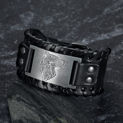 Leather Buckle Arm Cuff With Fenrir Design