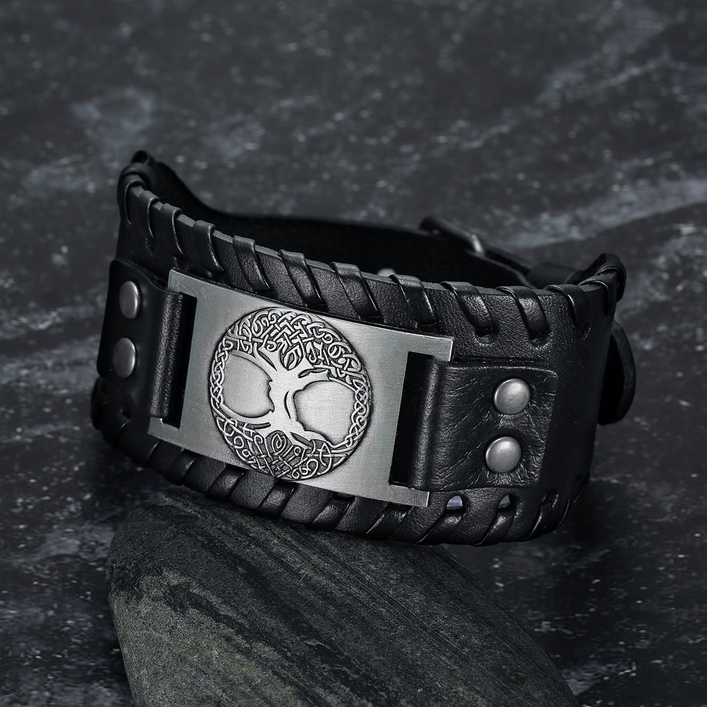 Leather Buckle Arm Cuff With Metal Tree of Life / Yggdrasil Design