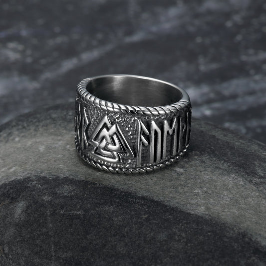 Handcrafted Stainless Steel Valknut and Rune Ring