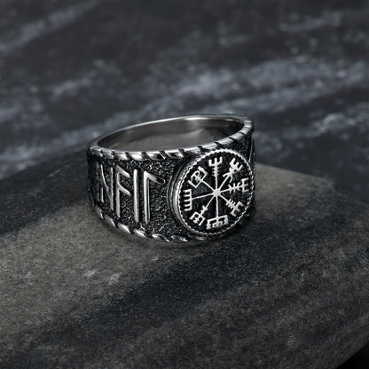 Handcrafted Stainless Steel Vegvisir and Runes Ring