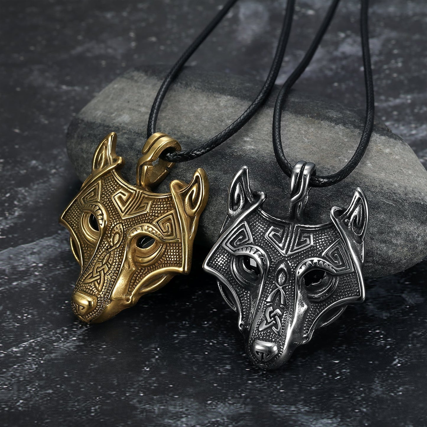 Norse Wolf Head Necklace - Leather Chain