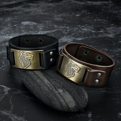 Leather Viking Wolf Head Arm Cuff