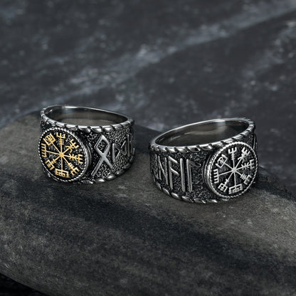 Handcrafted Stainless Steel Vegvisir and Runes Ring