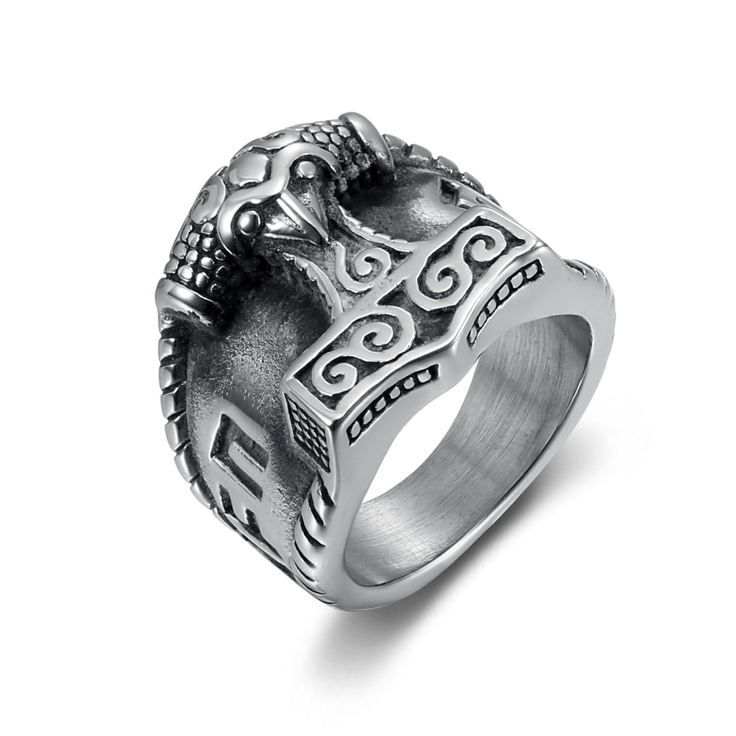 Handcrafted Stainless Steel Thor's Hammer and Rune Ring