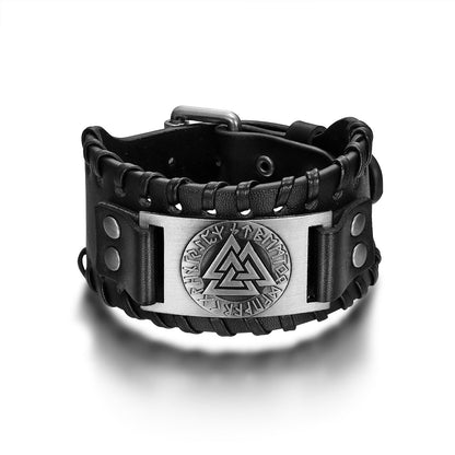 Leather Buckle Arm Cuff With Metal Valknut Design