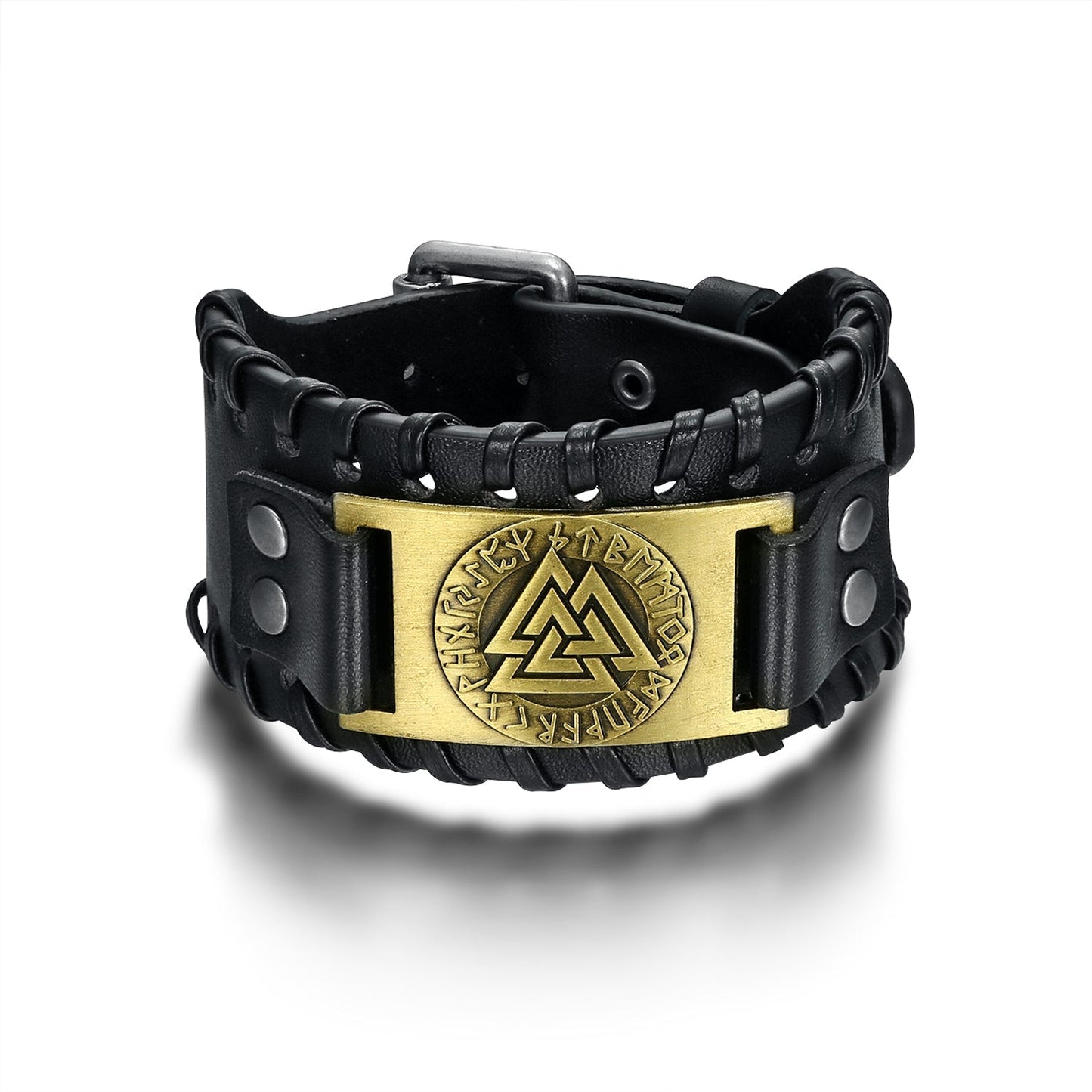 Leather Buckle Arm Cuff With Metal Valknut Design