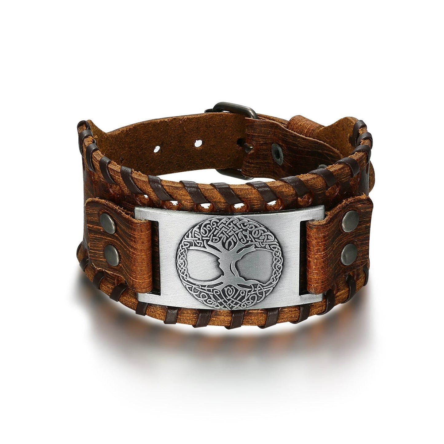 Leather Buckle Arm Cuff With Metal Tree of Life / Yggdrasil Design