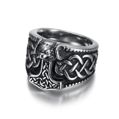 Handcrafted Stainless Steel Thor's Hammer and Celtic Knotwork Ring