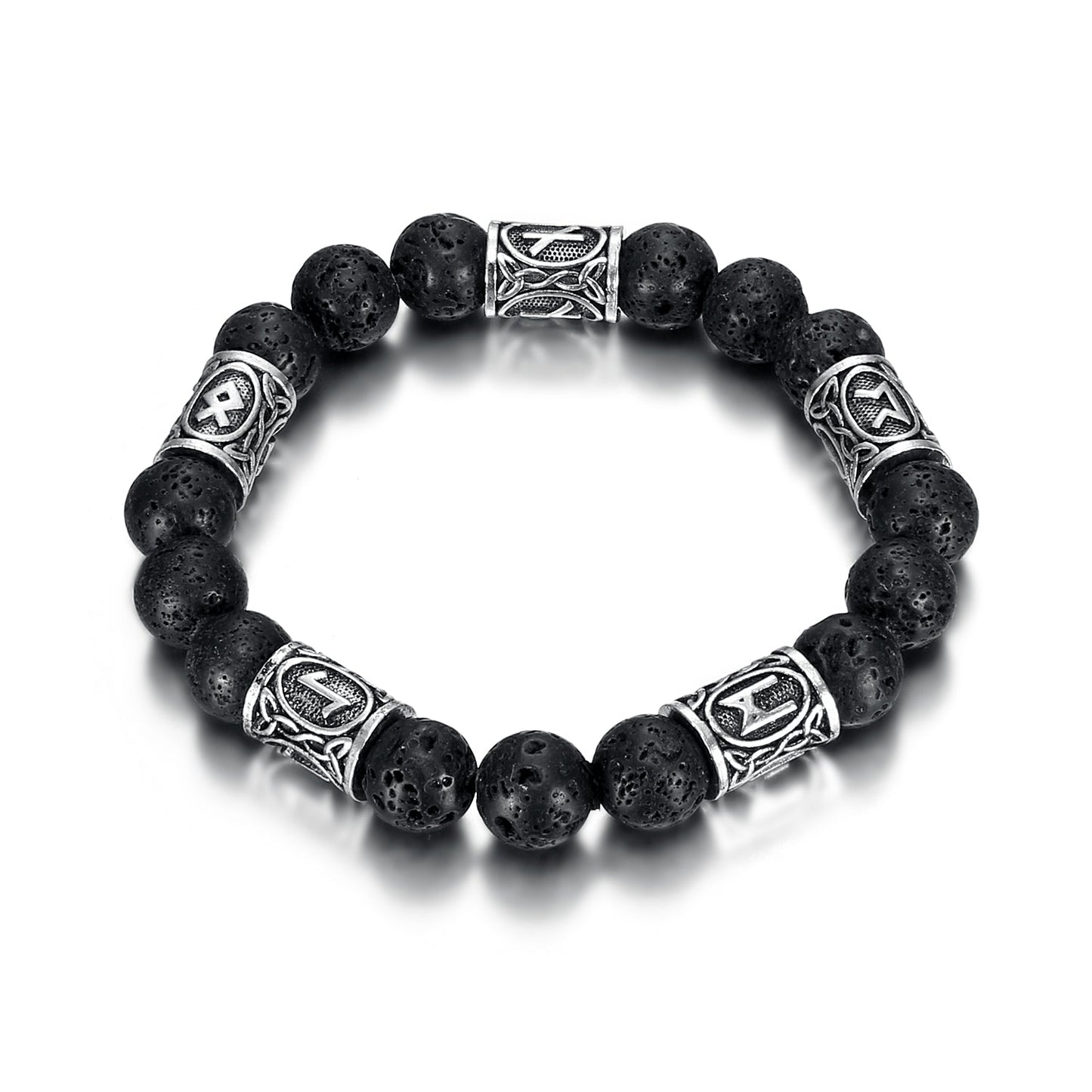 Silver Rune and Black Lava Stone Bracelet