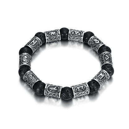 Silver Rune and Black Lava Stone Bracelet