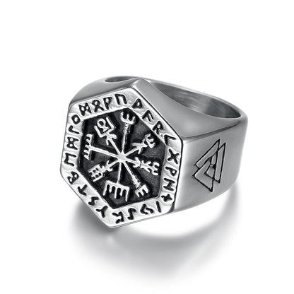 Handcrafted Stainless Steel Hexagonal Vegvisir & Valknut Rune Ring