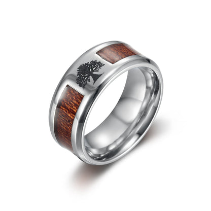 Handcrafted Stainless Steel Tree of Life / Yggdrasil and Wood Inlay Wedding Band