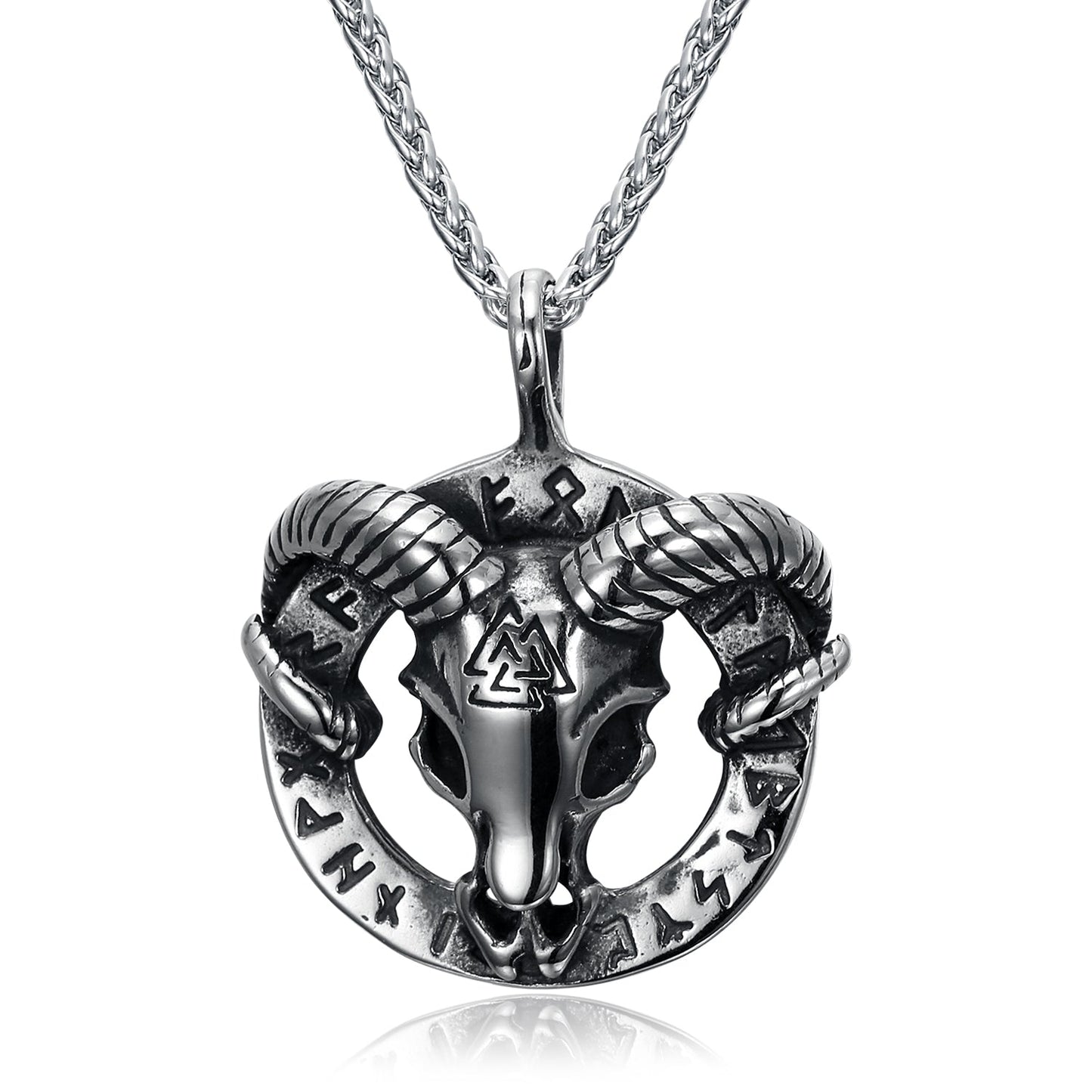 Handcrafted Stainless Steel Goat Head Necklace with Valknut and Runes