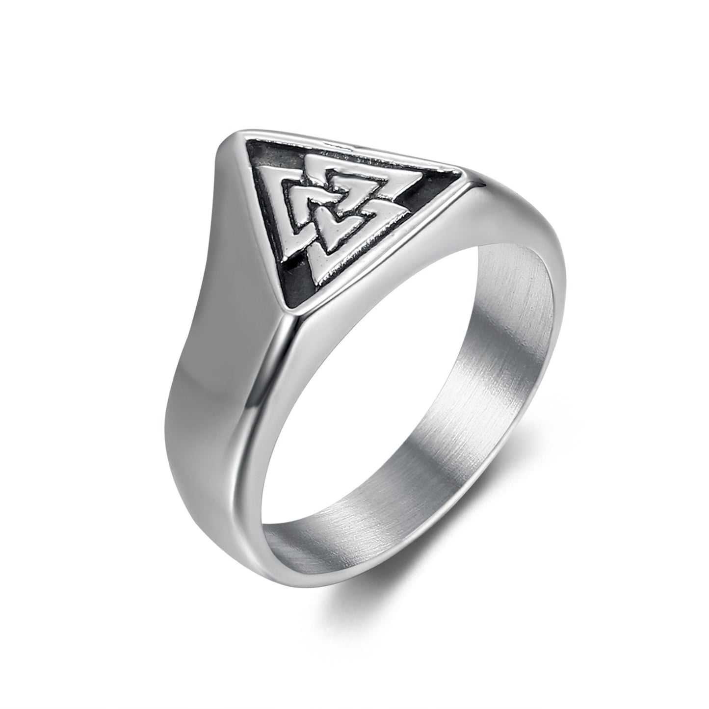 Handcrafted Stainless Steel Triangular Valknut Ring