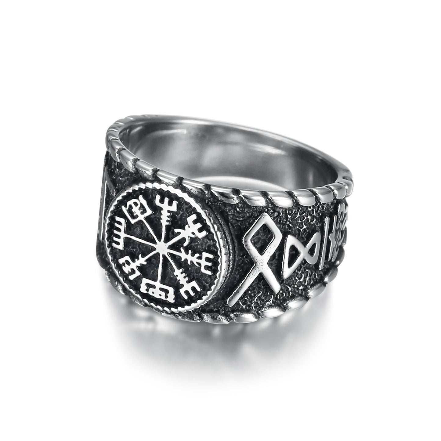 Handcrafted Stainless Steel Vegvisir and Runes Ring