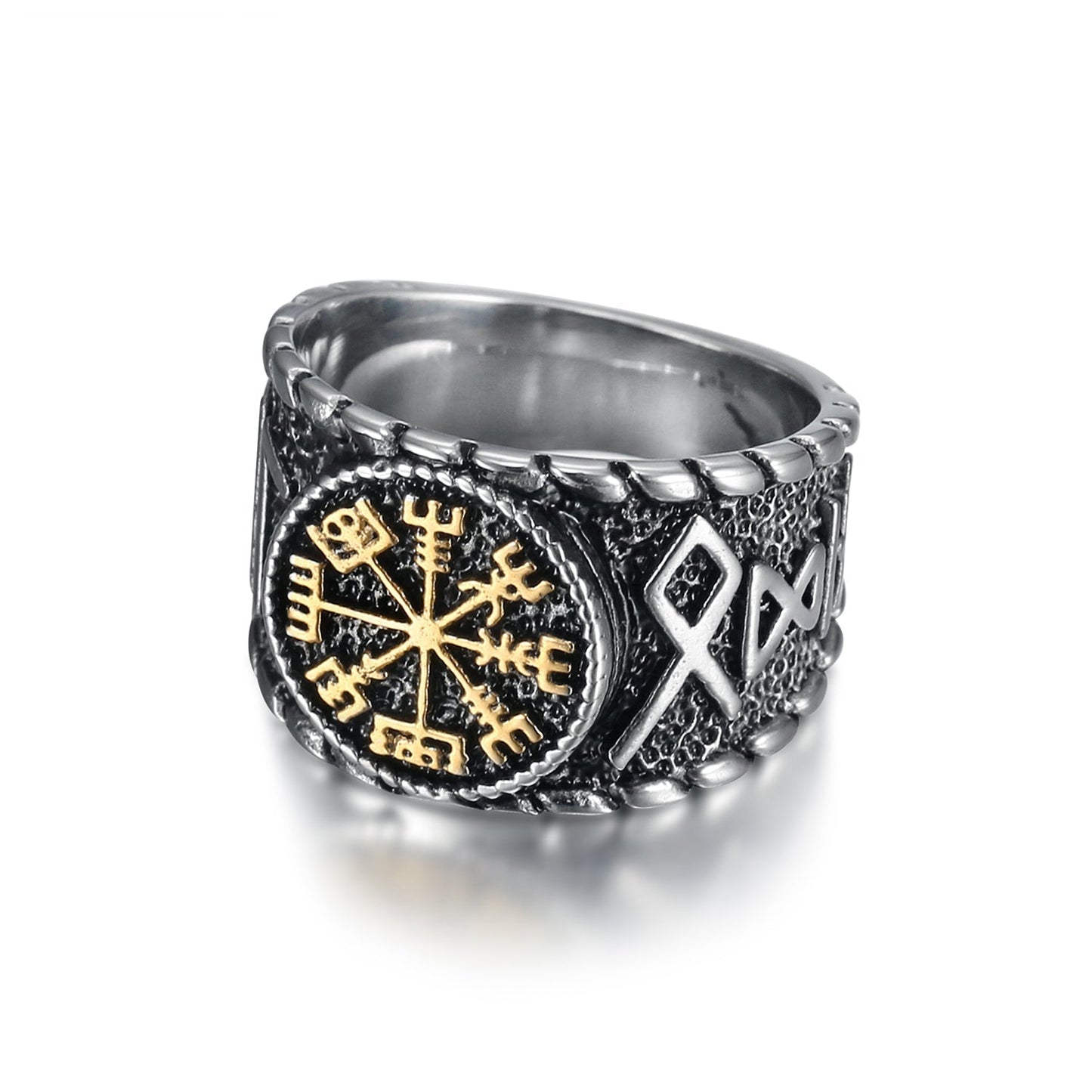 Handcrafted Stainless Steel Vegvisir and Runes Ring