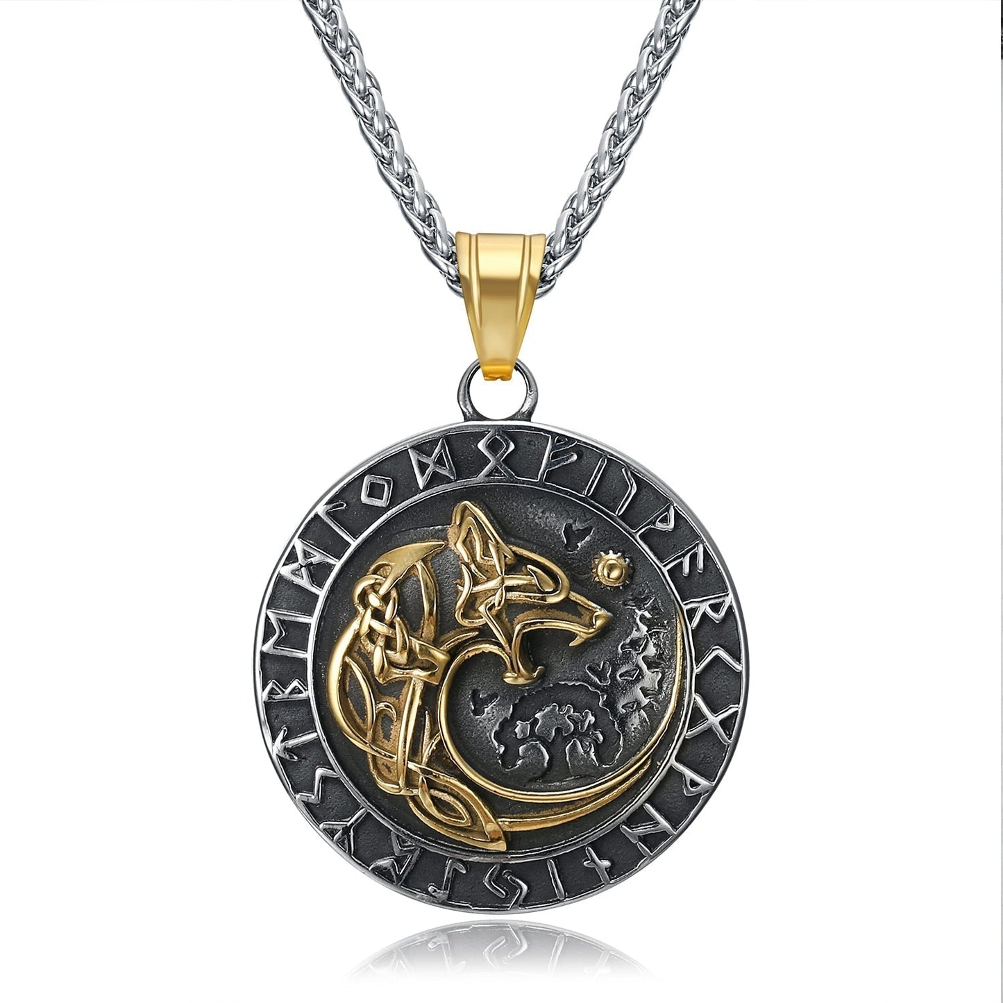 Dual Colored Handcrafted Stainless Steel Circular Fenrir Pendant & Chain