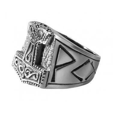 925 Sterling Silver Biker Ring With Mjolnir and Runes