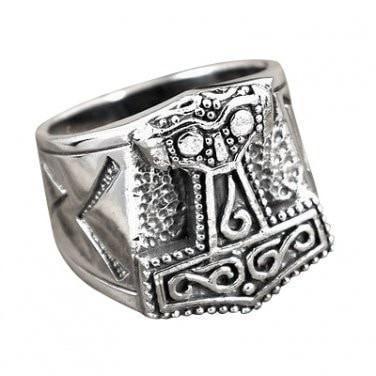 925 Sterling Silver Biker Ring With Mjolnir and Runes