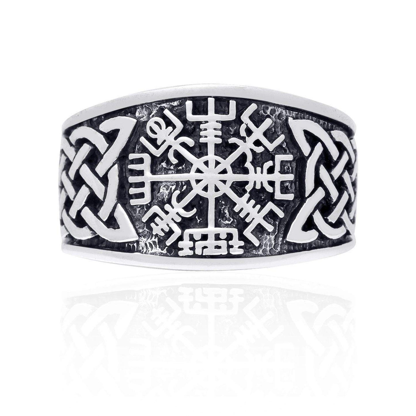 925 Sterling Silver 'Distressed' Vegvisir and Celtic Knot Viking Ring