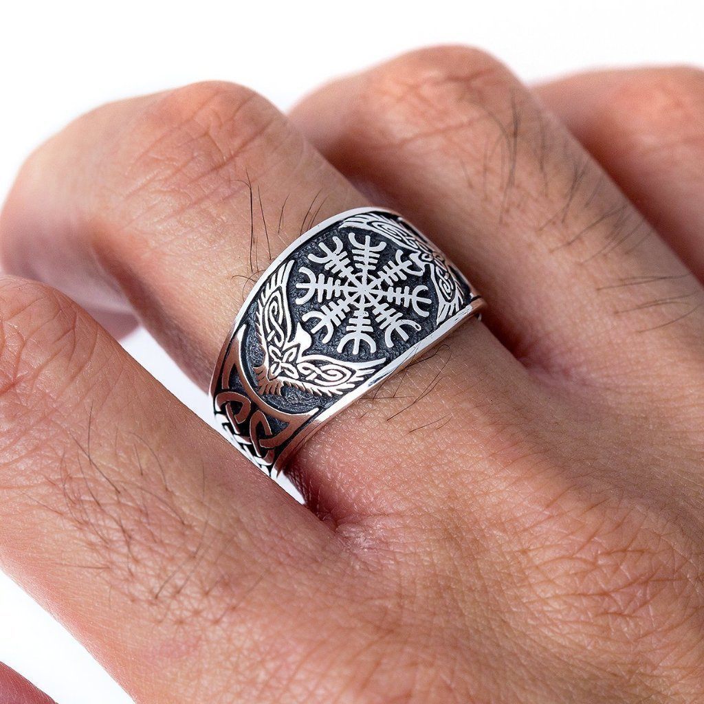 925 Sterling Silver Helm of Awe and Raven Ring