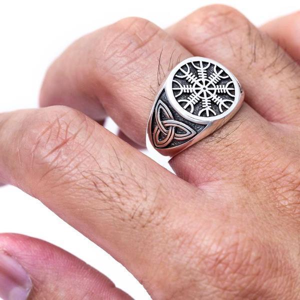 925 Sterling Silver Helm of Awe and Triquetra Ring