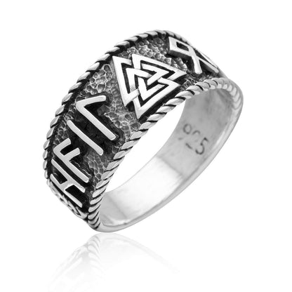 925 Sterling Silver Valknut and Runes Oxidized Ring