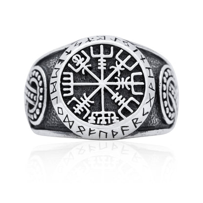 925 Sterling Silver Vegvisir, Runes and Knot-work Ring