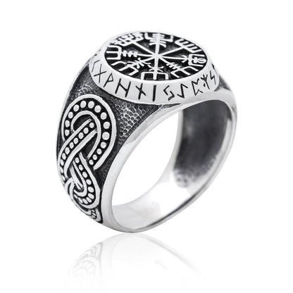 925 Sterling Silver Vegvisir, Runes and Knot-work Ring