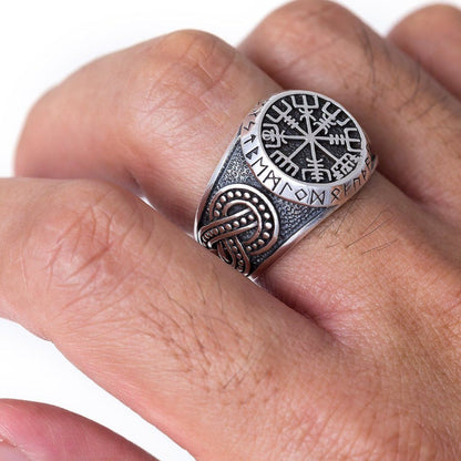 925 Sterling Silver Vegvisir, Runes and Knot-work Ring