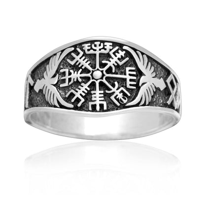 925 Sterling Silver Vegvisir and Raven Ring