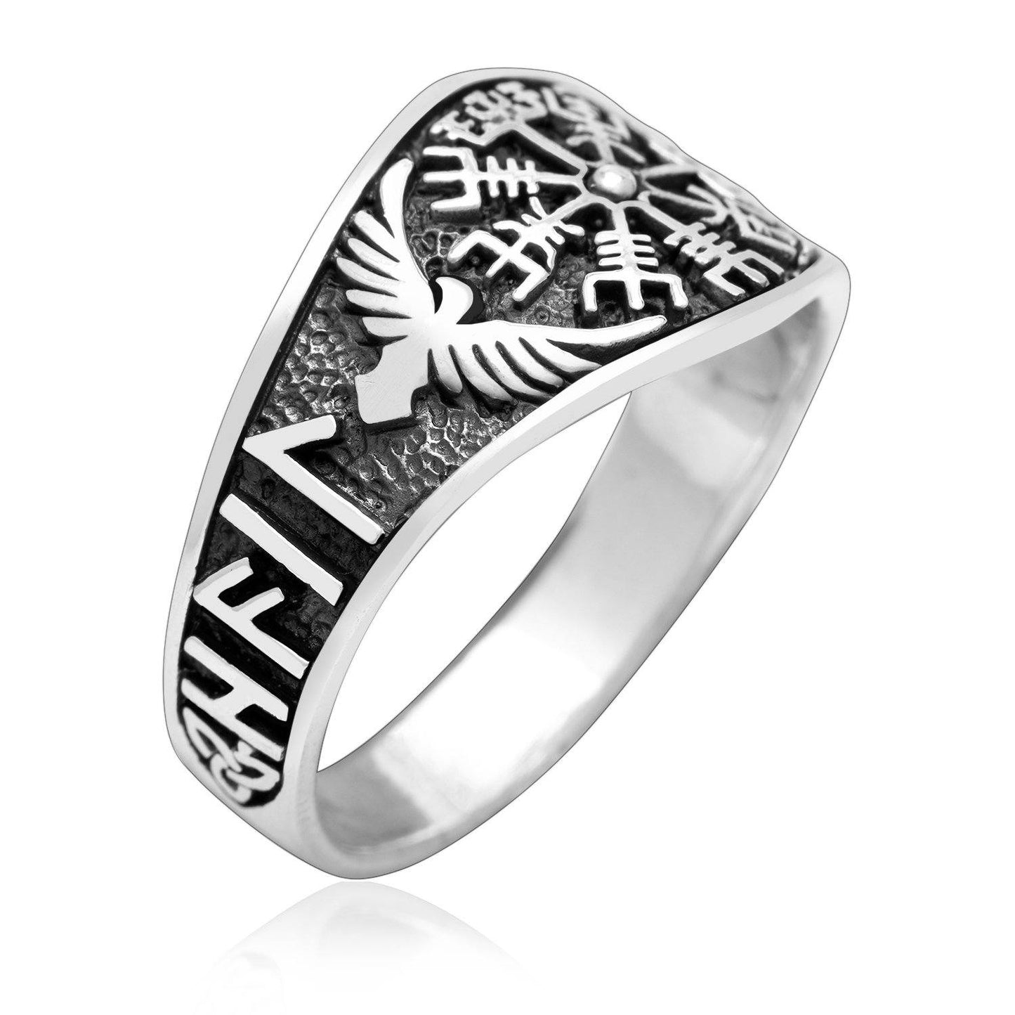 925 Sterling Silver Vegvisir and Raven Ring