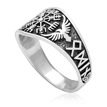 925 Sterling Silver Vegvisir and Raven Ring