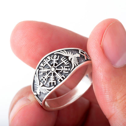 925 Sterling Silver Vegvisir and Raven Ring