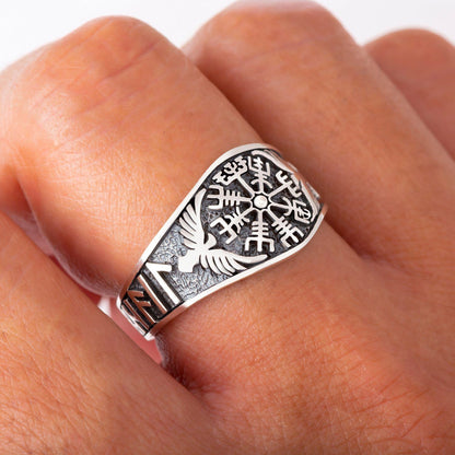 925 Sterling Silver Vegvisir and Raven Ring