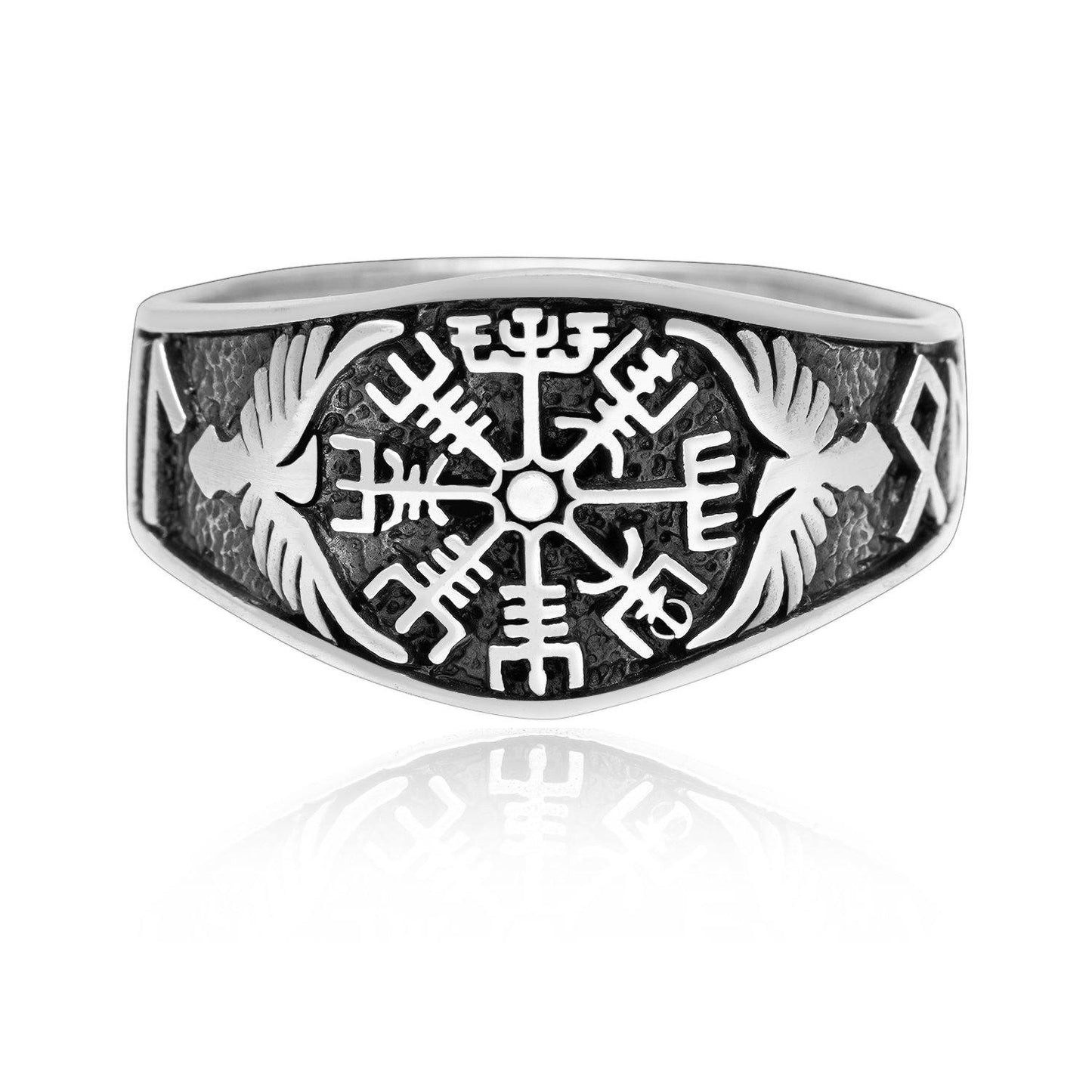 925 Sterling Silver Vegvisir and Raven Ring