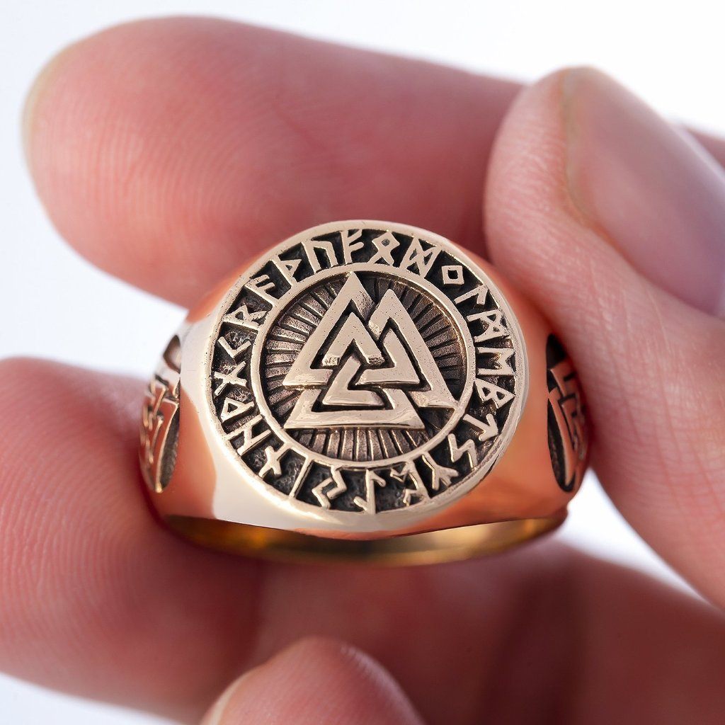 Bronze Valknut and Runes Signet Ring