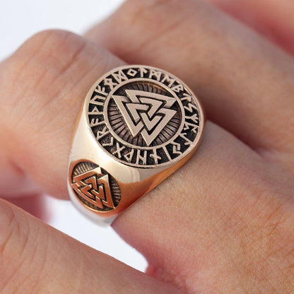 Bronze Valknut and Runes Signet Ring