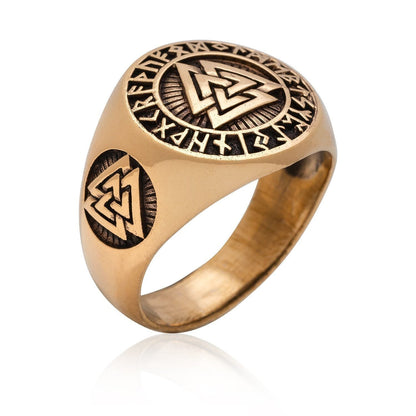 Bronze Valknut and Runes Signet Ring