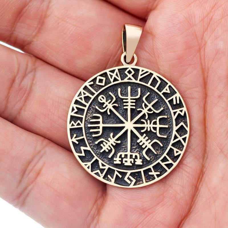 Bronze Vegvisir and Runes Pendant