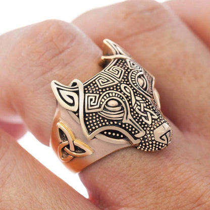 Bronze Wolf Head Viking Ring