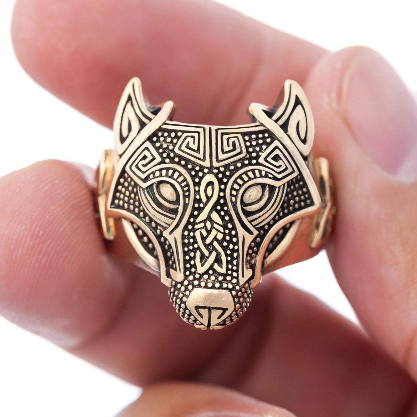 Bronze Wolf Head Viking Ring