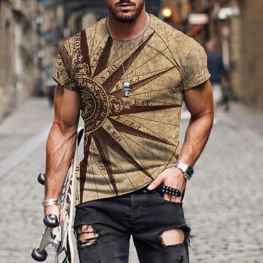 Men's Short Sleeve O Neck T Shirt Summer Compass Print